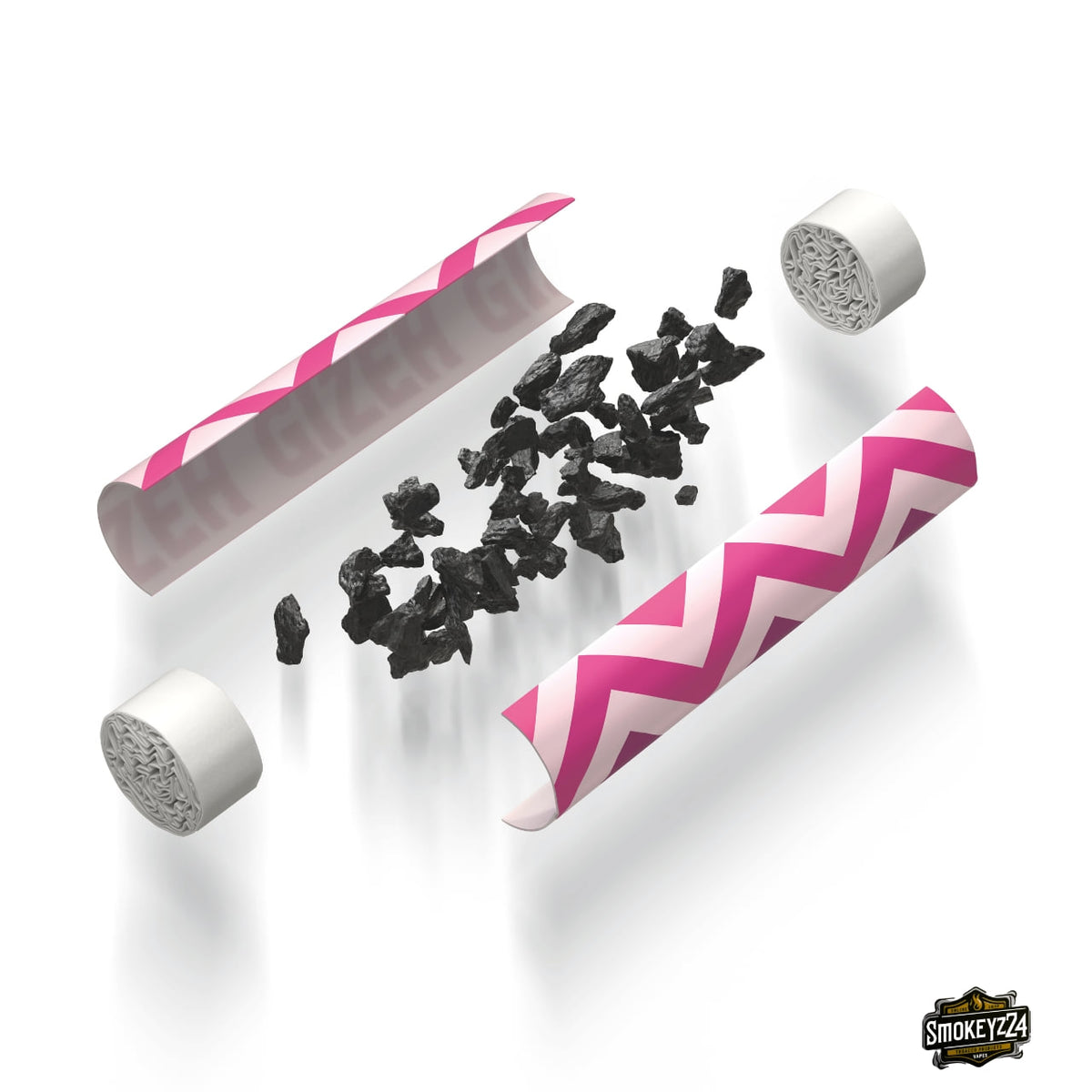 GIZEH ProCell Active Filter 6mm Pink - zerlegter Filter mit Papierkappen und Aktivkohle