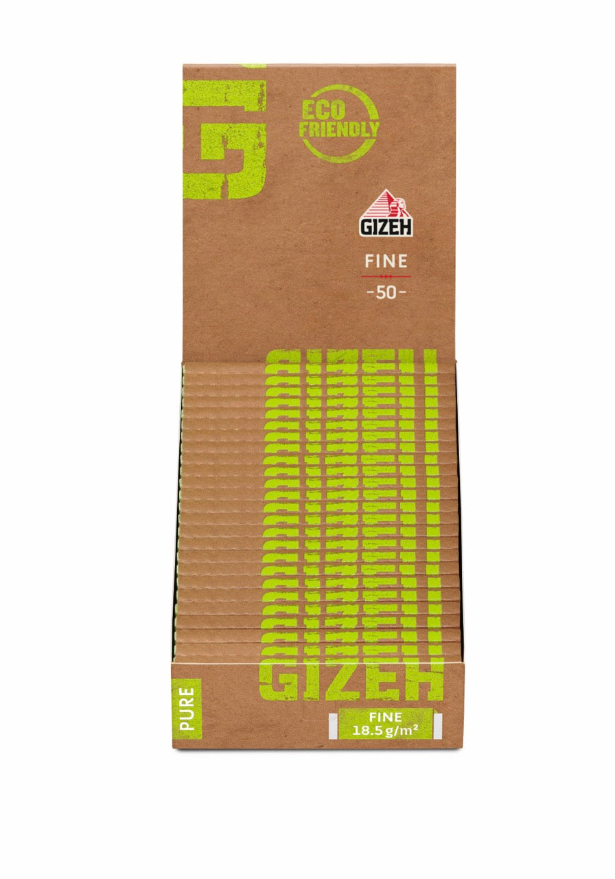 Karton mit 25 Packungen GIZEH Pure Fine Blättchen, Sparpaket, frontal fotografiert