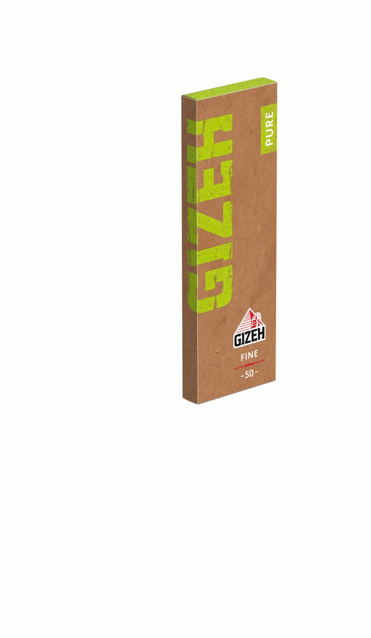 GIZEH Pure Fine Blättchen 50 Blatt Packung, nachhaltiges Drehpapier, seitlich fotografiert