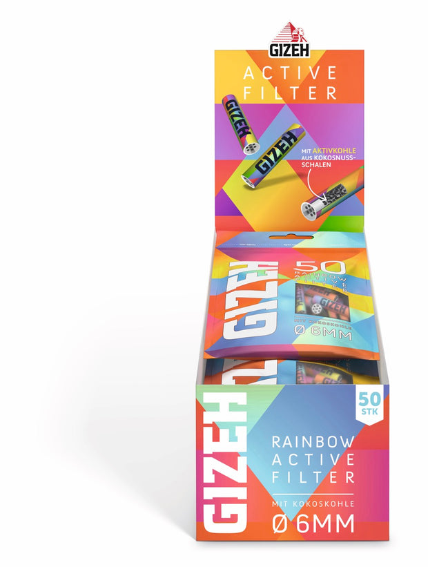 Karton mit 10 x 50er GIZEH Rainbow Active Filter Beuteln frontal fotografiert