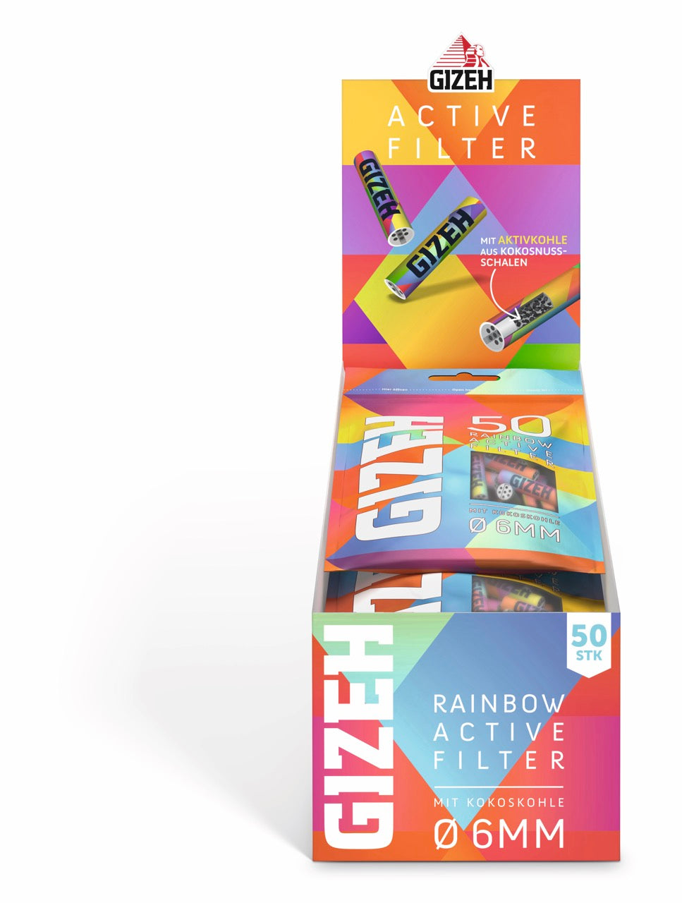 Karton mit 10 x 50er GIZEH Rainbow Active Filter Beuteln frontal fotografiert