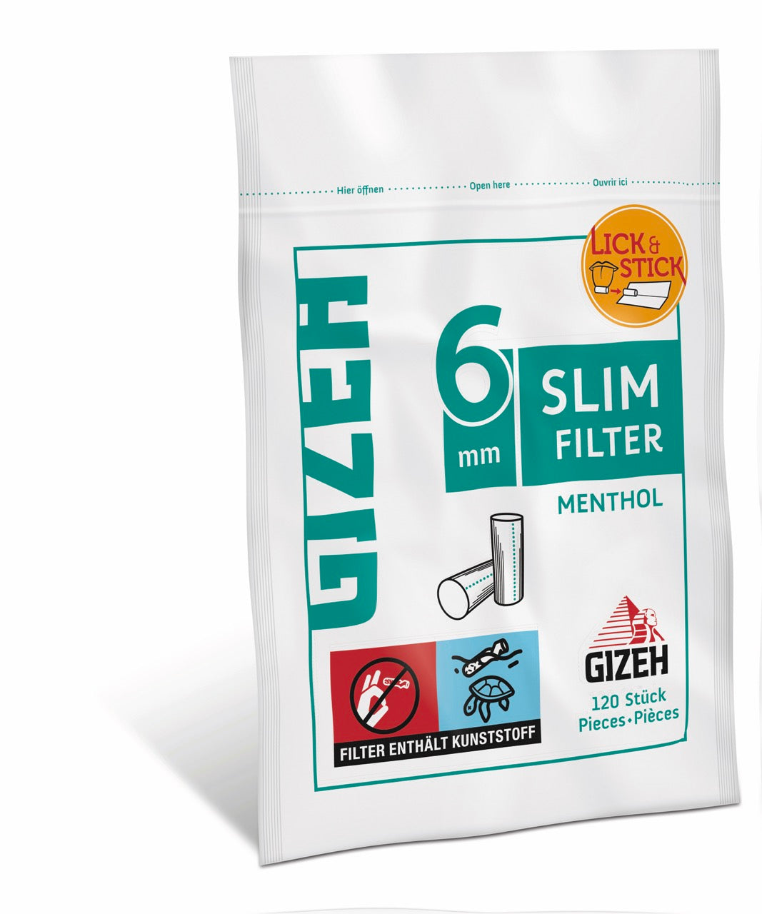 GIZEH Slim Filter Menthol 6mm 120er Beutel seitlich fotografiert