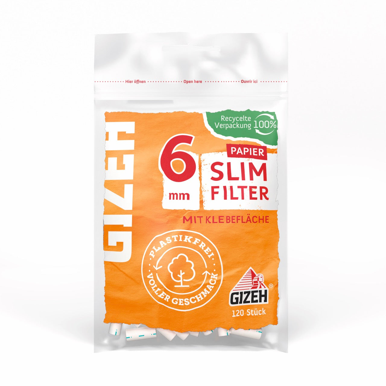 GIZEH Papier Slim Filter 6mm 120er Beutel frontal fotografiert