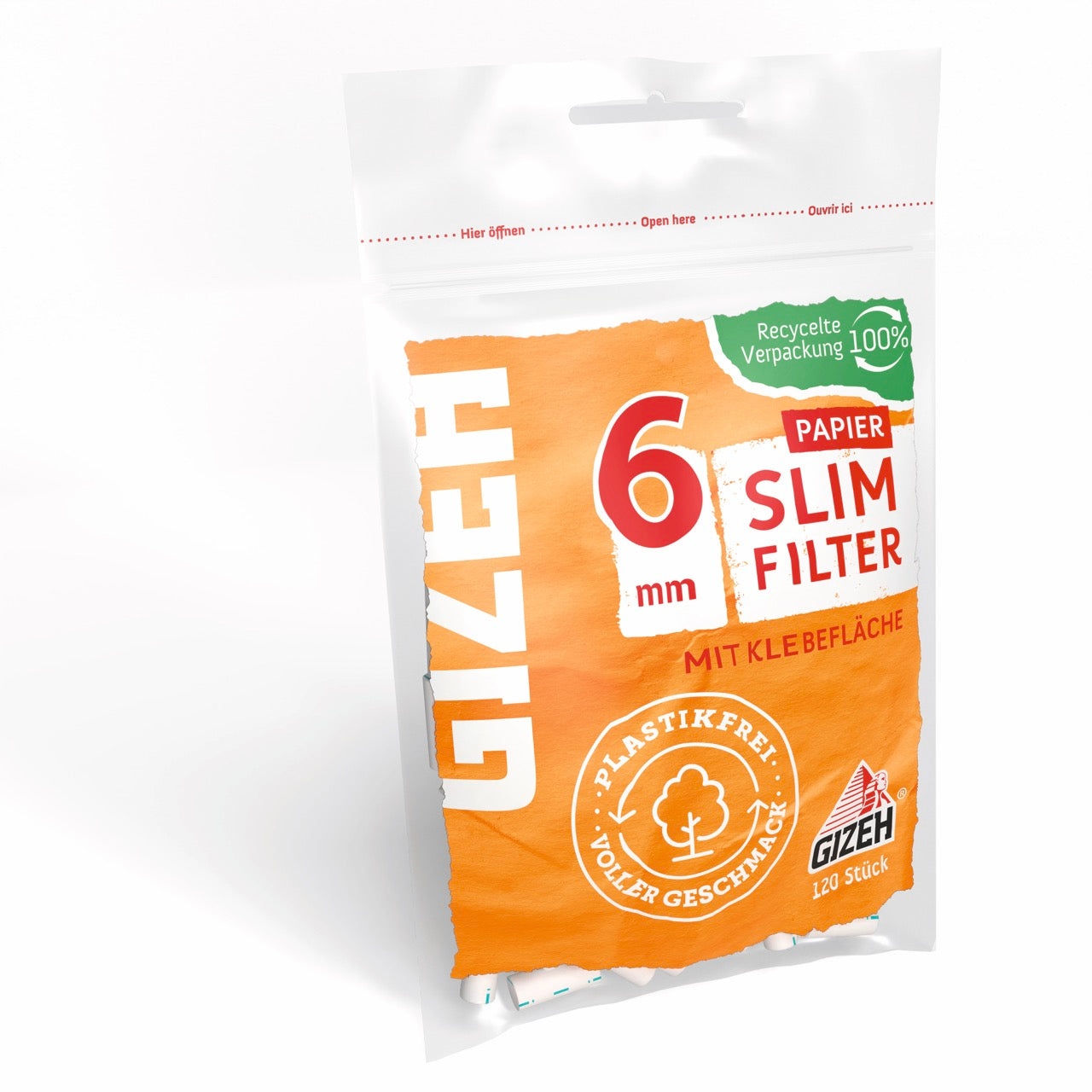 GIZEH Papier Slim Filter 6mm 120er Beutel seitlich fotografiert
