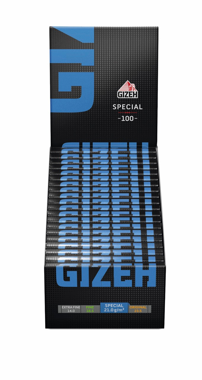 Karton mit 20 Packungen GIZEH Black Special Blau Blättchen, Vorratspaket, frontal fotografiert