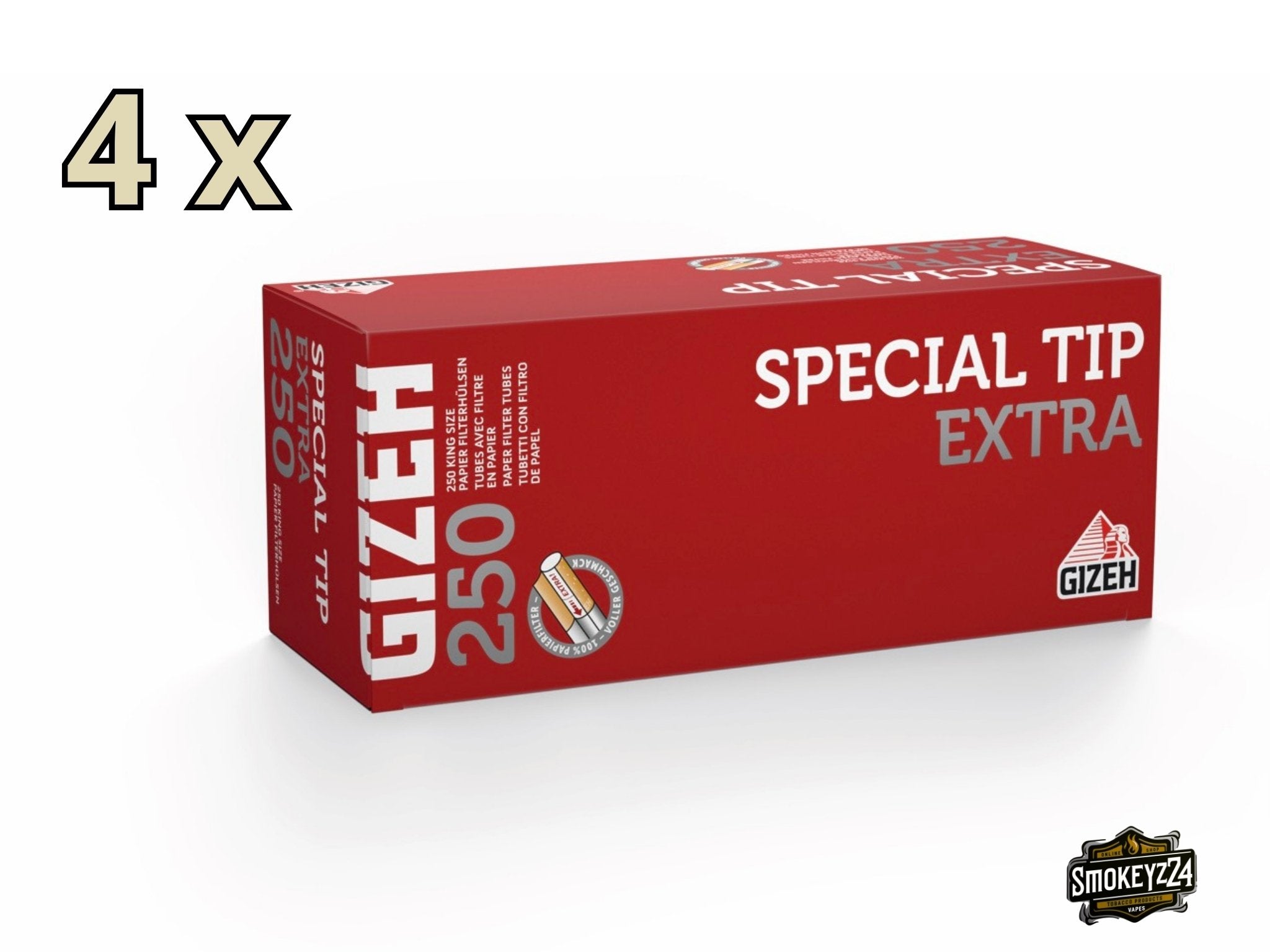 Gizeh Filterhülsen Extra – 4er Packung leicht seitlich aufgenommen mit Hinweis auf Papierfilter