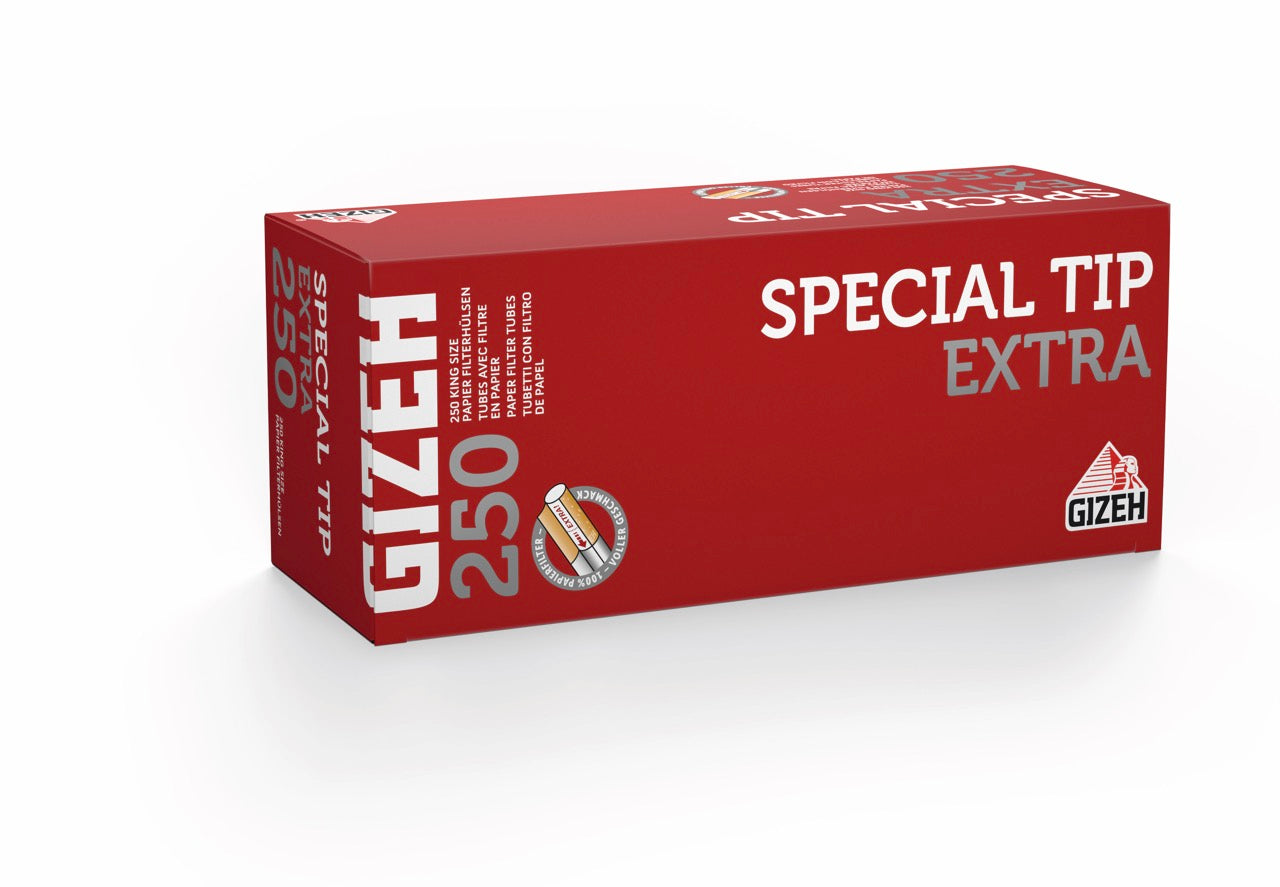 Gizeh Filterhülsen Extra – Verpackung leicht seitlich abgebildet mit Hinweis auf 100 % Papierfilter