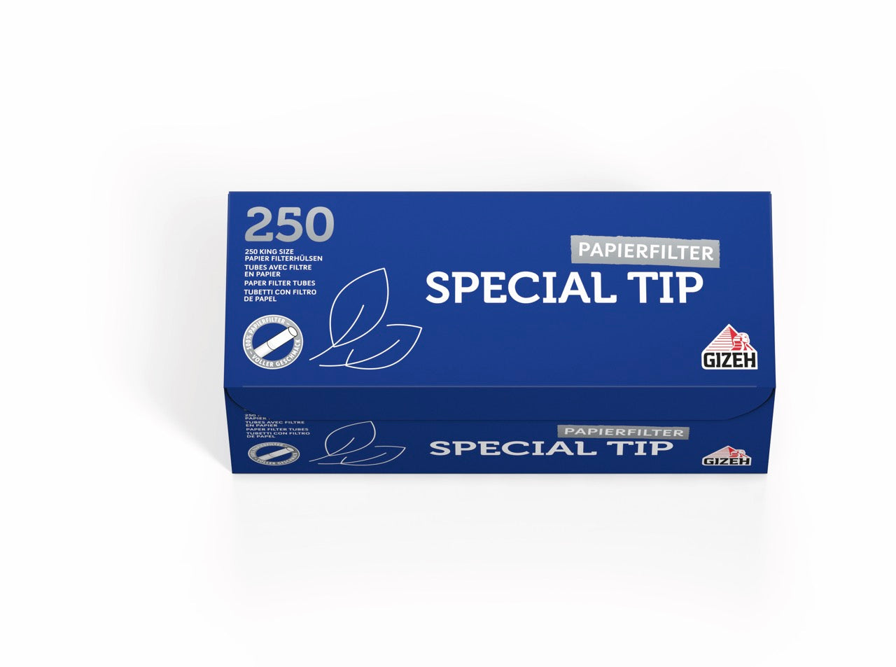 Gizeh Special Tip Hülsen – 250 Filterhülsen Packung frontal mit blauer Verpackung