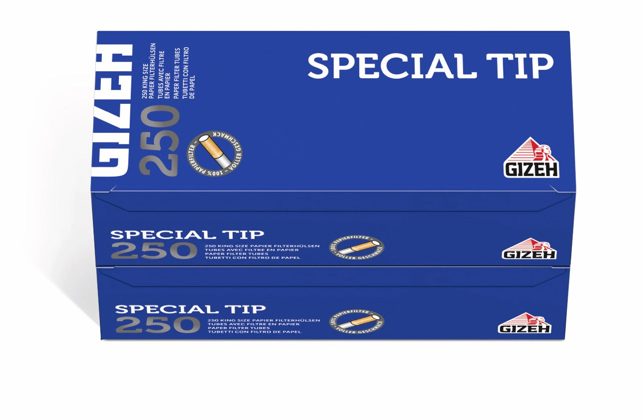 Gizeh Special Tip Sparpack – 2x250 Filterhülsen in blauer Verpackung frontal dargestellt