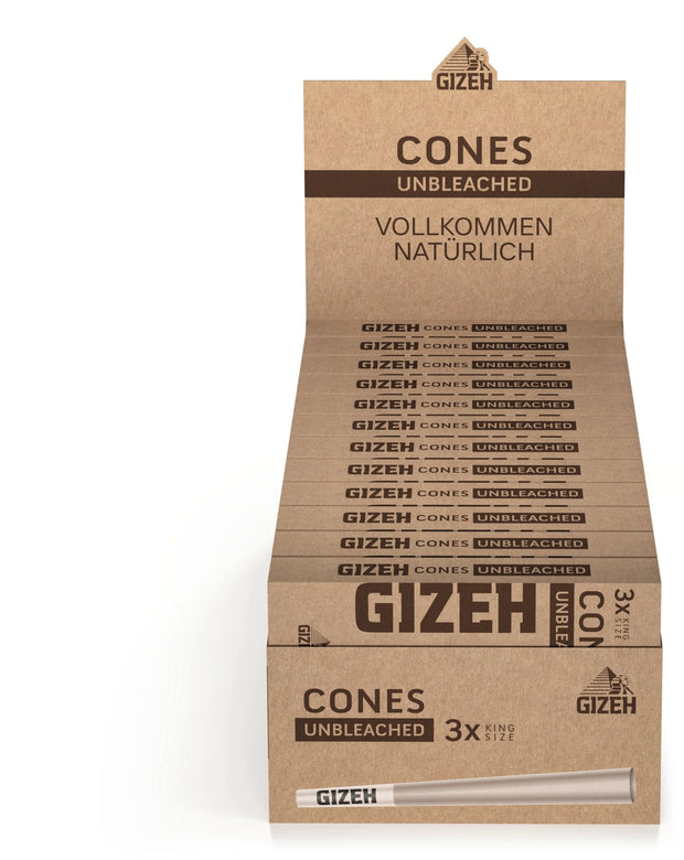 Karton mit 24 Packungen GIZEH Unbleached Cones + Tip King Size, Sparpaket, frontal fotografiert