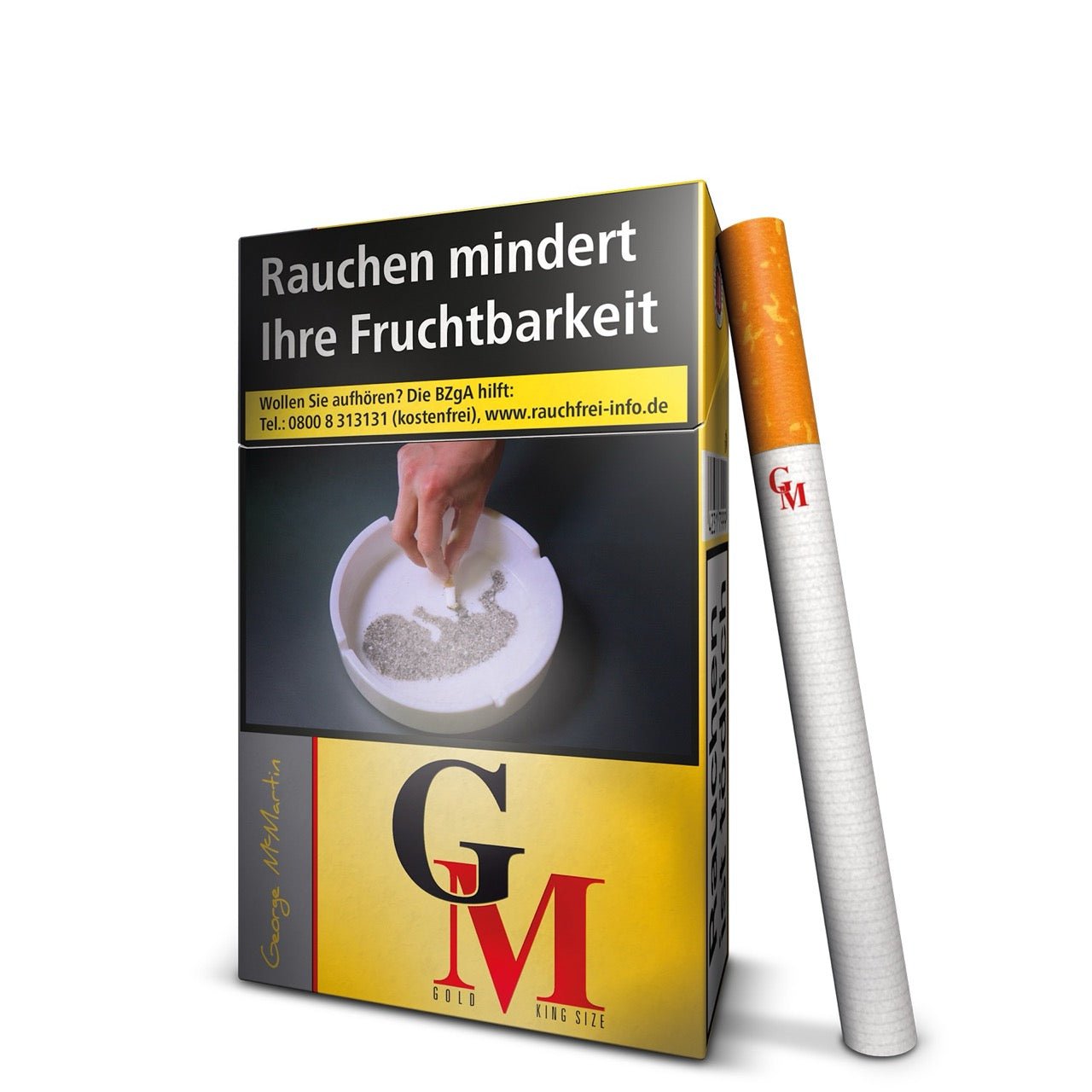 GM Gold Zigaretten Schachtel leicht seitlich mit angelehnter Zigarette