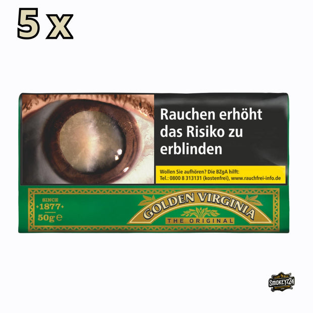 Golden Virginia Drehtabak 5x50g Pouch in gelbgrüner Verpackung mit grünem Logo, abgebildet auf neutralem Hintergrund.