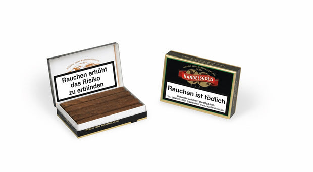 Handelsgold Brasil Cigarillo 154 Zigarillos – Seitenansicht der klassischen 10er-Packung geöffnet