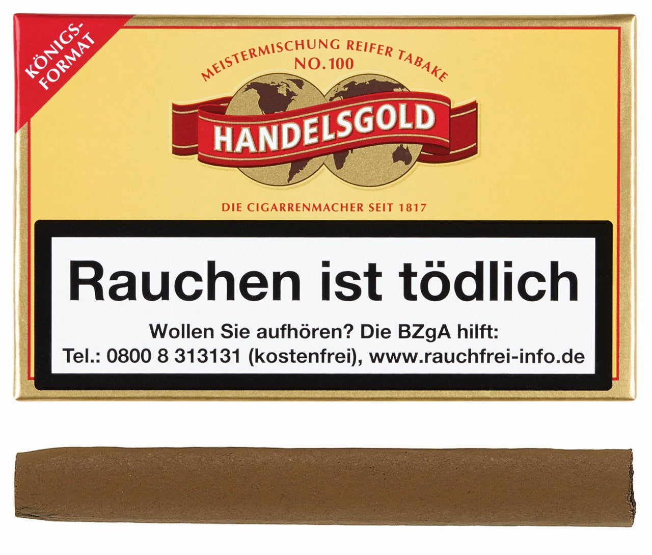 Handelsgold Königsformat 100 Zigarillos – 10er Packung, frontal fotografiert