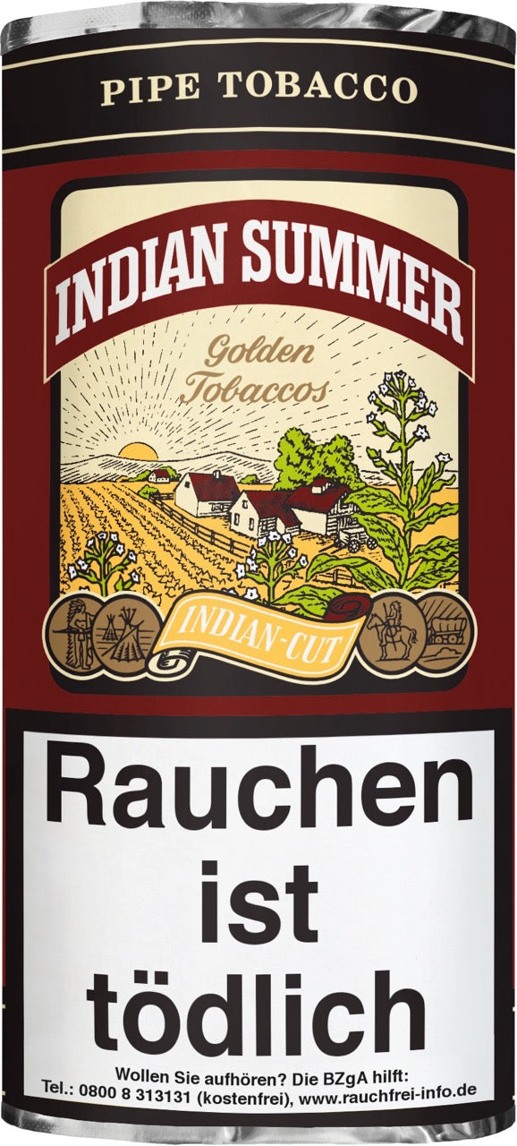 Indian Summer Pfeifentabak – 50g Pouch, Verpackung mit traditionellem Design, aromatisiert mit exotischen Fruchtaromen