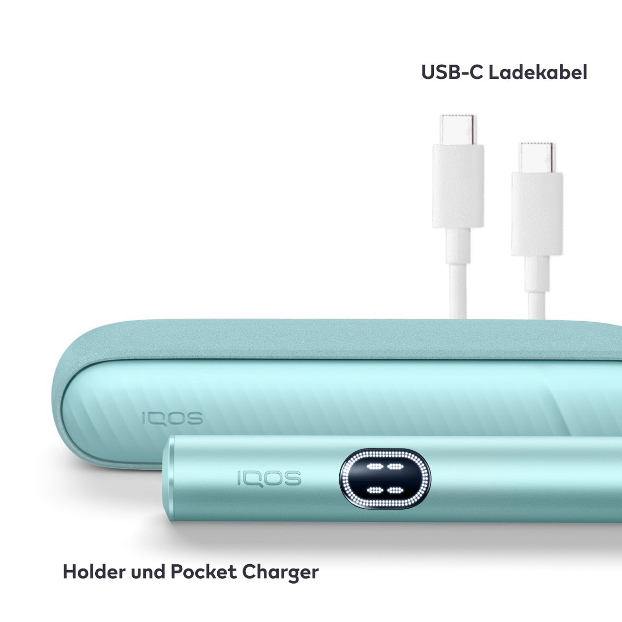 IQOS ILUMA i – Holder und Charger in Breeze Blue liegend mit USB-C Kabel