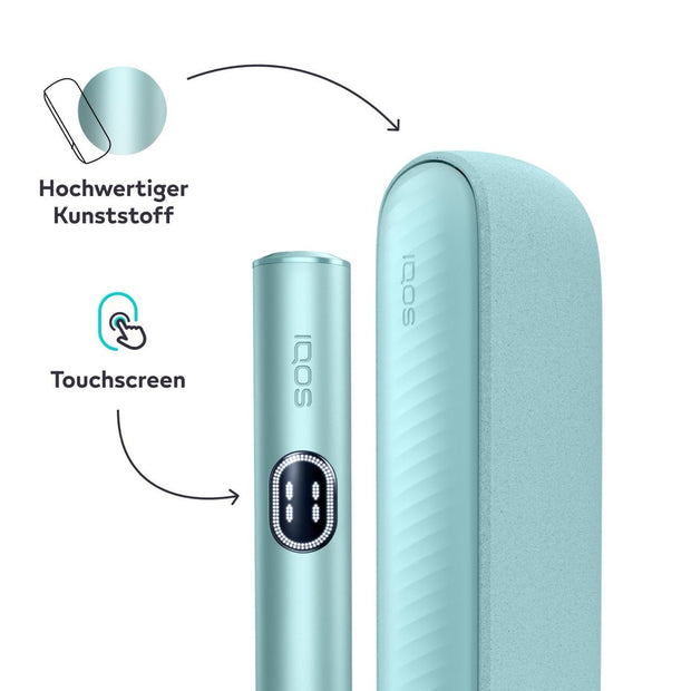 IQOS ILUMA i – Detail in Breeze Blue mit Hinweis auf Touchscreen und Materialien