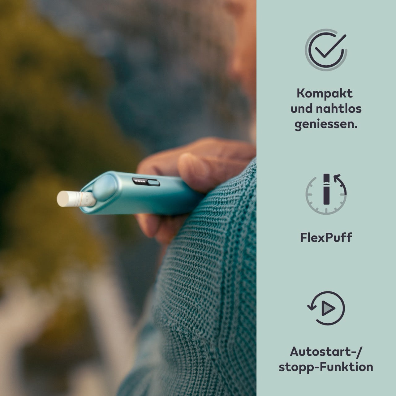 IQOS ILUMA i ONE Breeze Blue in der Anwendung mit Features FlexPuff und Autostart/-stopp