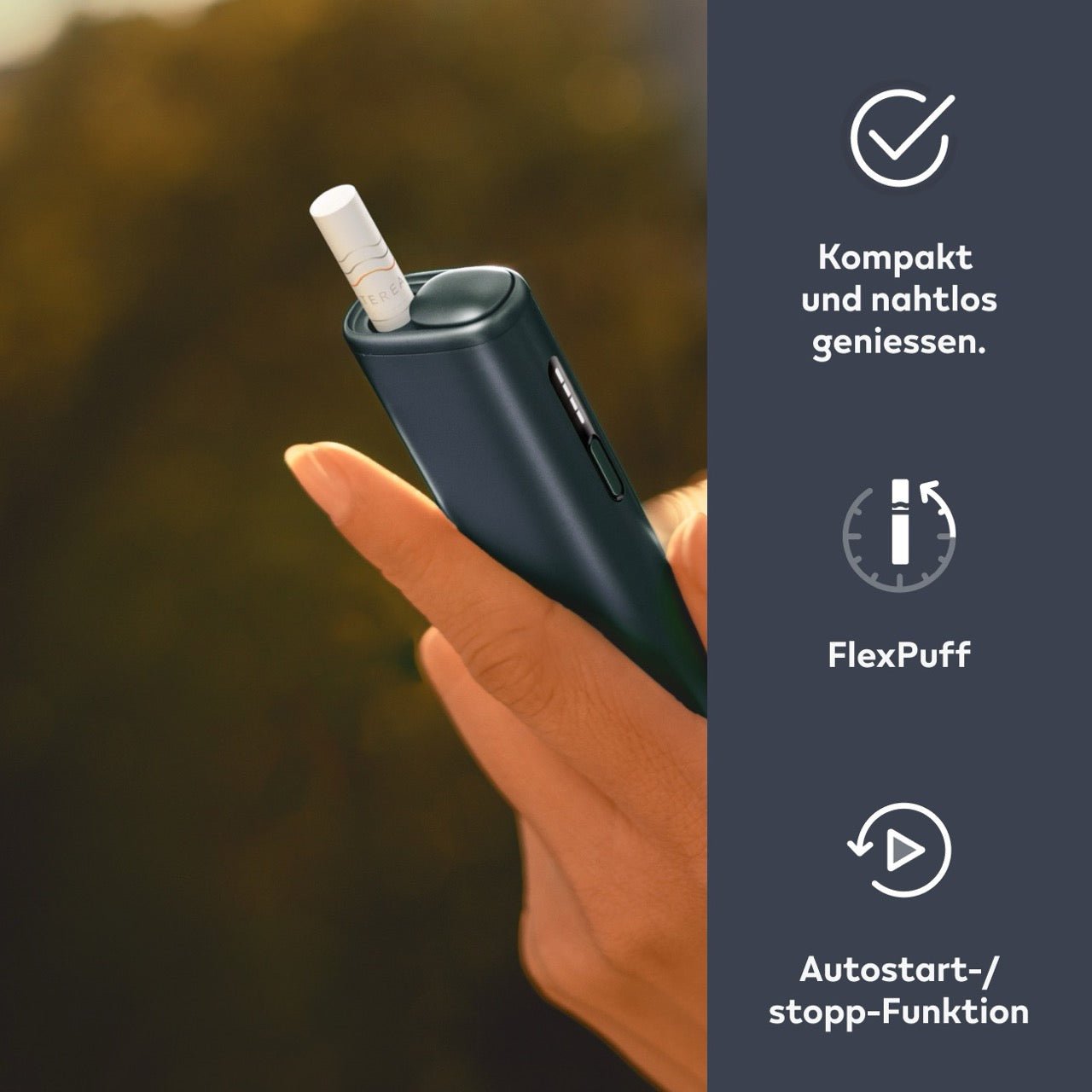IQOS ILUMA i ONE Midnight – Gerät in Schwarz auf Tisch, Hinweise zu FlexPuff und Autostart