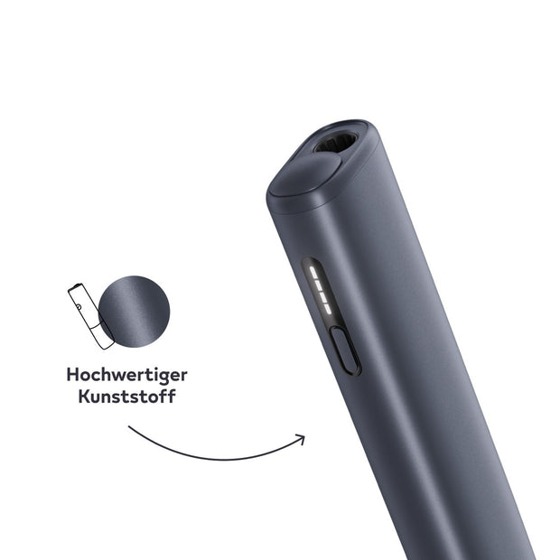 IQOS ILUMA i ONE Midnight – All-in-One Tabakerhitzer in der Hand mit Feature-Icons