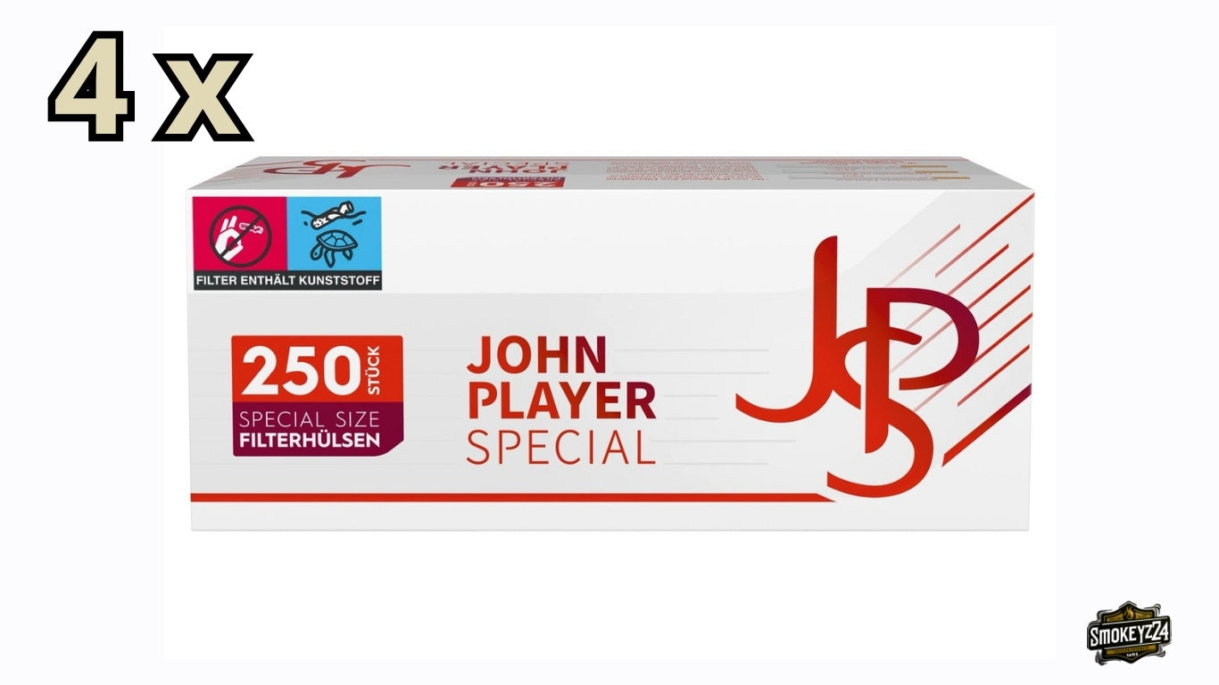 Vier Packungen JPS Red Special Filterhülsen mit je 250 Stück in roter Verpackung
