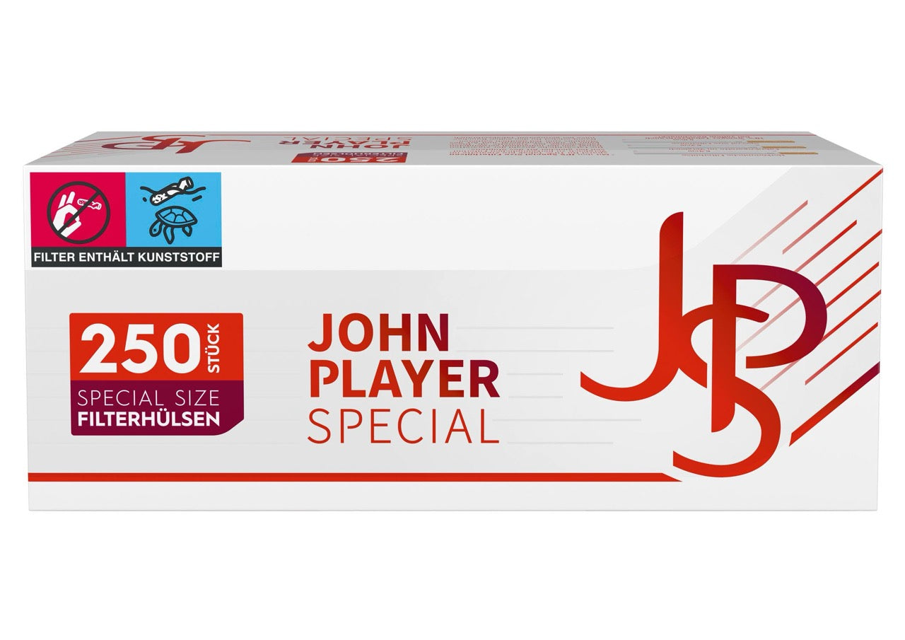 Packung mit 250 JPS Red Special Zigarettenhülsen in roter Verpackung mit weißem JPS-Logo