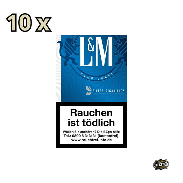 L&M Filter Cigarillos Blue – 10x17 Zigarillos in geöffneter Pappverpackung, frontal fotografiert