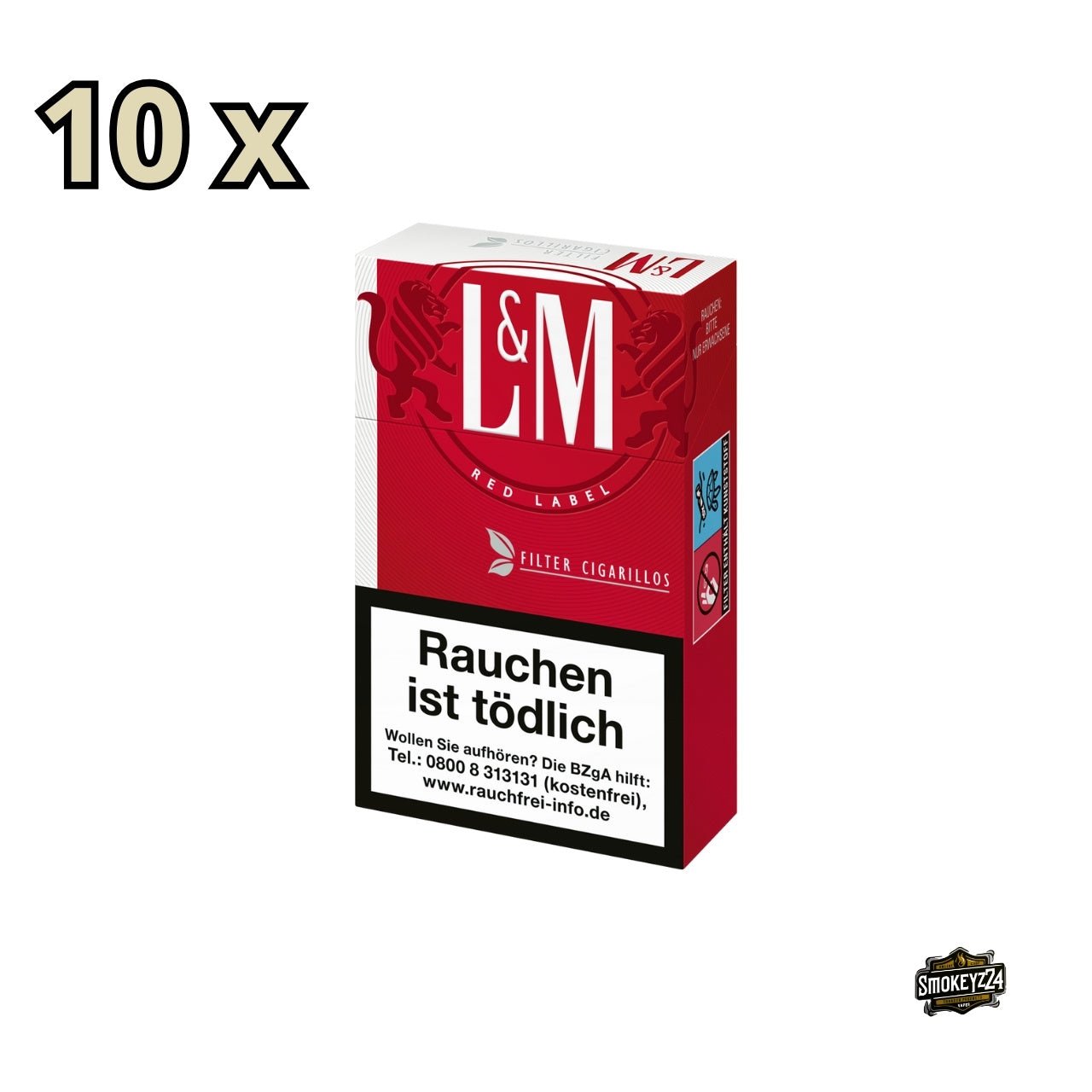 L&M Red Filter Zigarillos – Stange mit 10 Packungen leicht seitlich fotografiert
