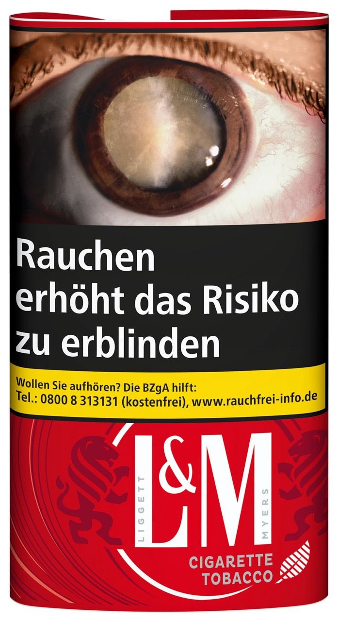 L&M Cigarette Tobacco Red – 30 g Drehtabak Pouch frontal mit Markenlogo und Tabakhinweis