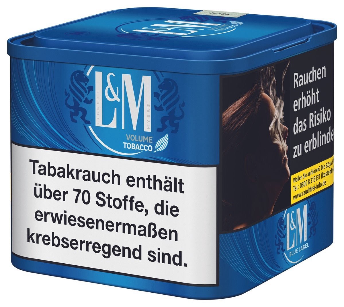 L&M Blue Volumentabak 41g – seitliche Produktansicht der Dose mit Volumenangabe