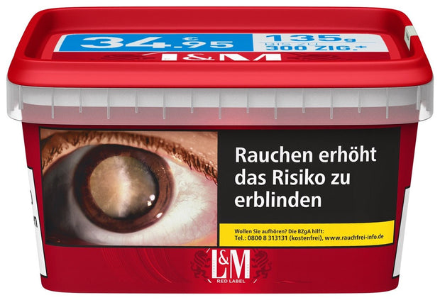L&M Red Volumentabak 120g Big Box – frontal, mit L&M Logo und Sortenkennzeichnung in Rot