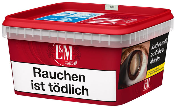 L&M Red Volumentabak 120g Big Box – leicht seitlich dargestellt mit klar sichtbarer Füllmengenangabe