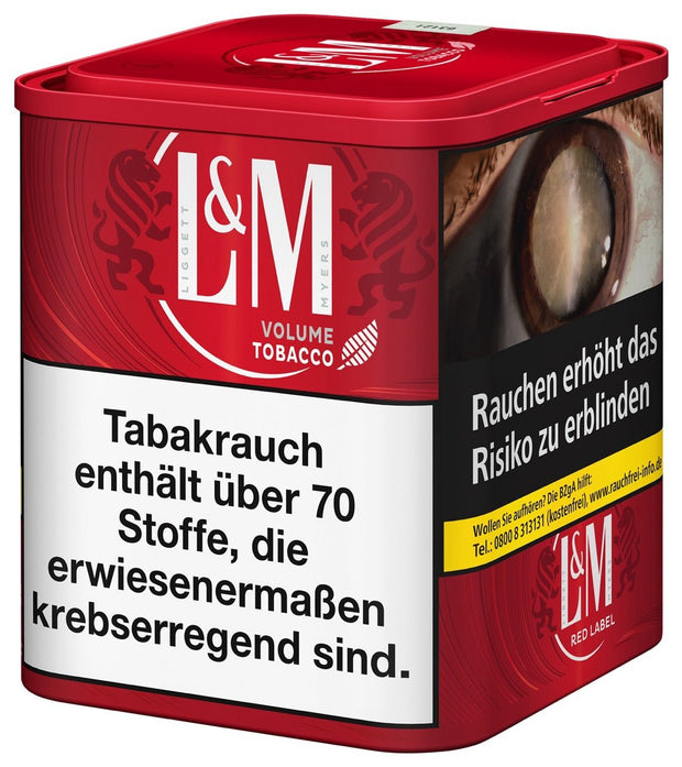 L&M Red Volumentabak 80g Dose – leicht seitlich aufgenommen, L&M Branding gut sichtbar