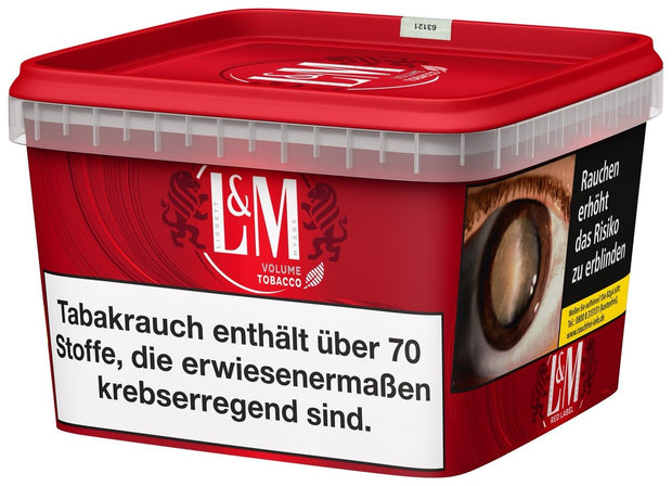 L&M Red Volumentabak 195g Mega Box – seitlich fotografiert mit Sicht auf Füllmengenhinweis