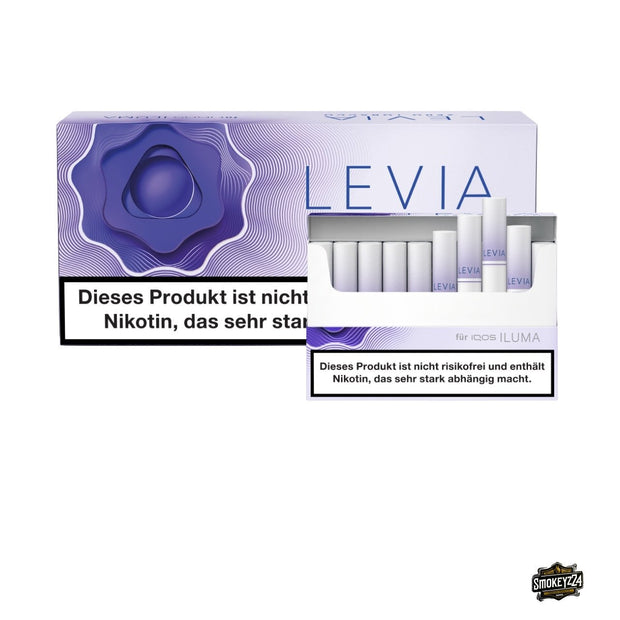 LEVIA Dark Berry – geöffnete Schachtel vor 10x Stange, Nikotinsticks für IQOS ILUMA, Menthol & Blaubeere