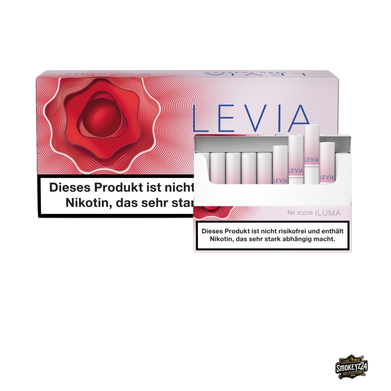 LEVIA Red Berry - geöffnete Schachtel vor Stange, Nikotinsticks für IQOS ILUMA, Menthol & Erdbeere, ohne Tabak