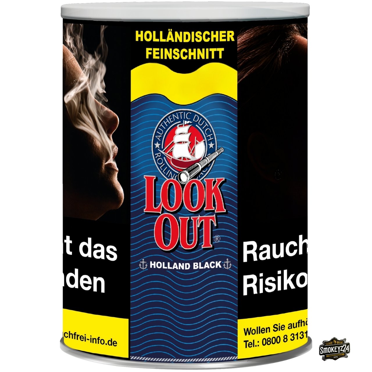 Look Out Holland Black 150g Dose – Feinschnitt Zware Shag, Dose frontal geschlossen