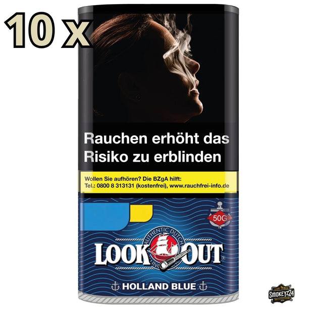Look Out Holland Blue Halfzware Shag – 10x50g Pouches, Packung frontal mit 10x Hinweis