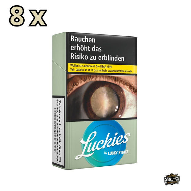 Luckies by Lucky Strike Blue Zigaretten - Packung seitlich, Stange 8x23 Stück