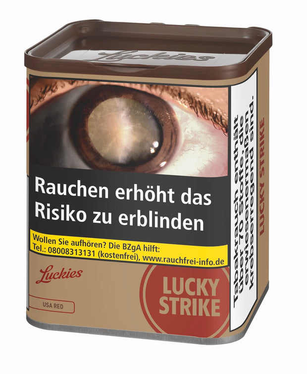 Lucky Strike USA Red Tabak 59g Dose seitlich stehend – Feinschnitt ohne Zusätze zum Stopfen & Drehen