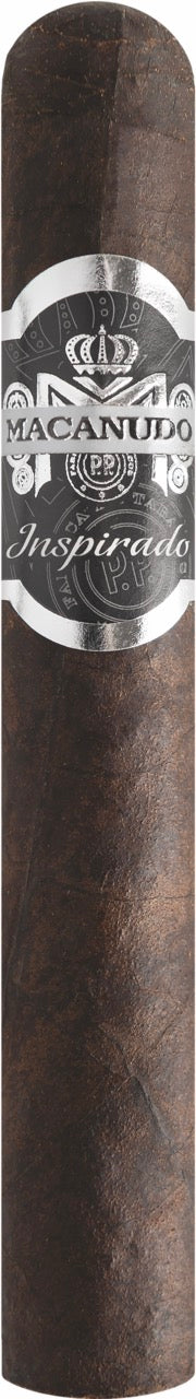 Macanudo Inspirado Black Robusto Zigarre einzeln, intensives Aroma, präsentiert mit öligen, dunklen Tabakblättern.