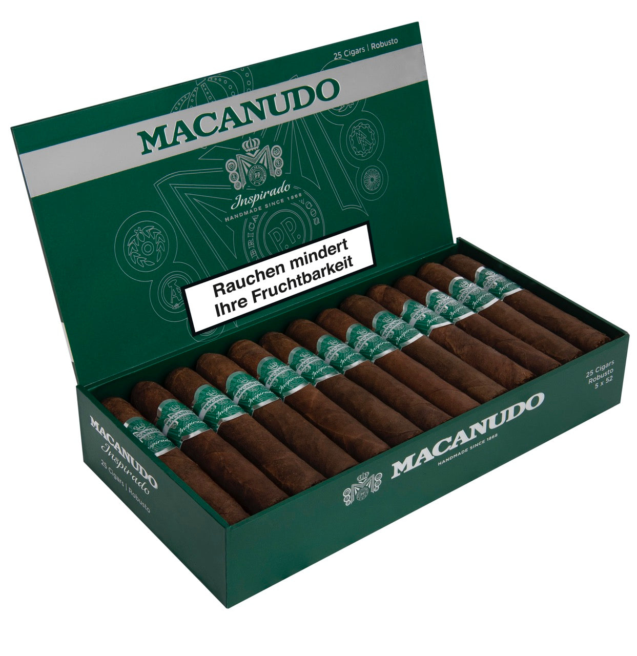 Macanudo Inspirado Green Robusto Zigarren 25er-Kiste, Premium-Zigarren mit brasilianischem Arapiraca-Deckblatt.