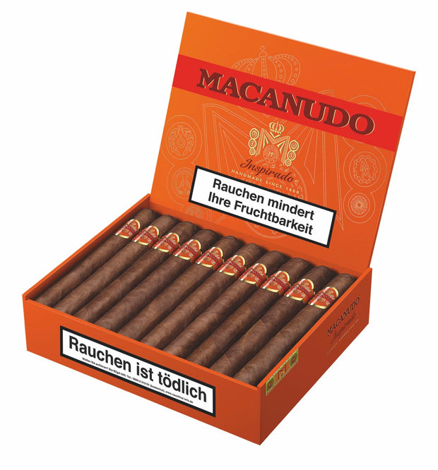 Macanudo Inspirado Orange Robusto Zigarren 20er-Kiste, geöffnet. Honduras-Deckblatt, erdig und würzig, Premium-Qualität.
