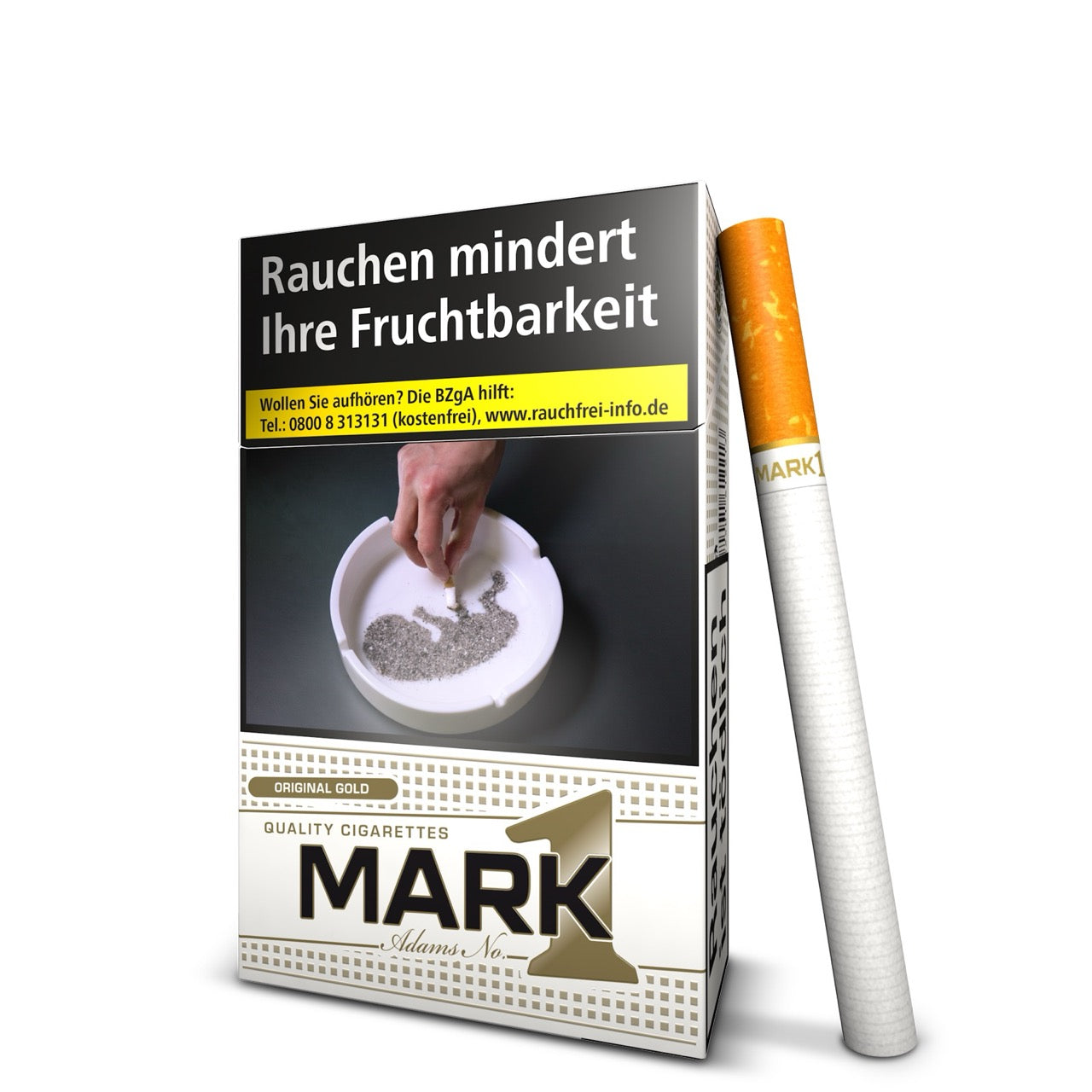 Mark Adams No. 1 Gold Zigarettenschachtel seitlich mit Zigarette