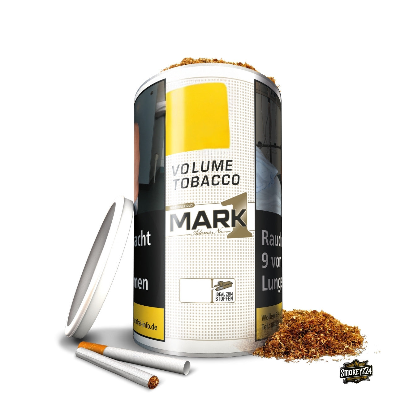Mark Adams No. 1 Gold Stopftabak geöffnete 80g Dose mit Tabak und Hülsen