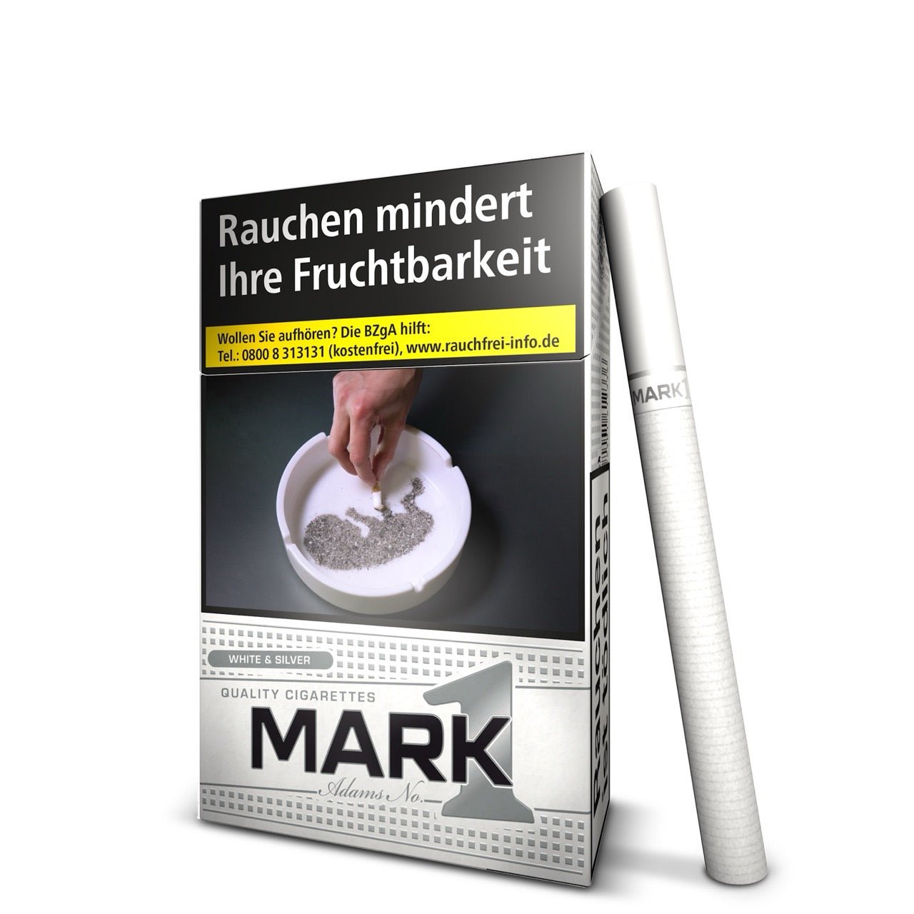 Mark Adams No. 1 White & Silver Schachtel seitlich mit Zigarette