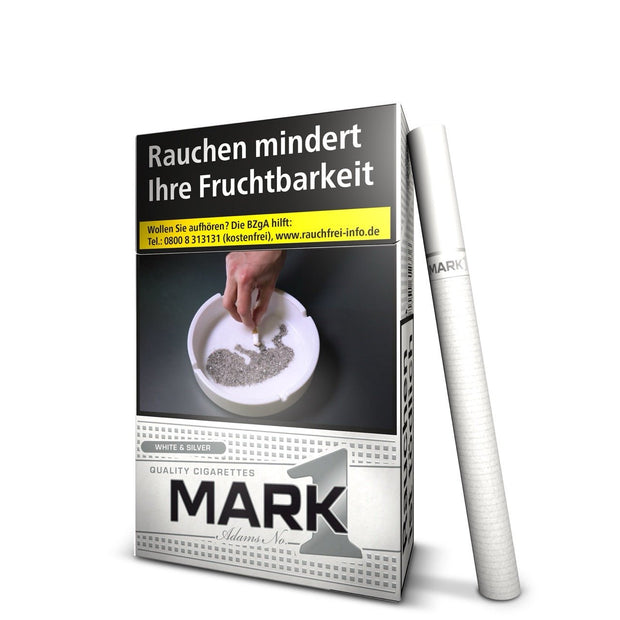 Mark Adams No. 1 White & Silver Schachtel seitlich mit Zigarette