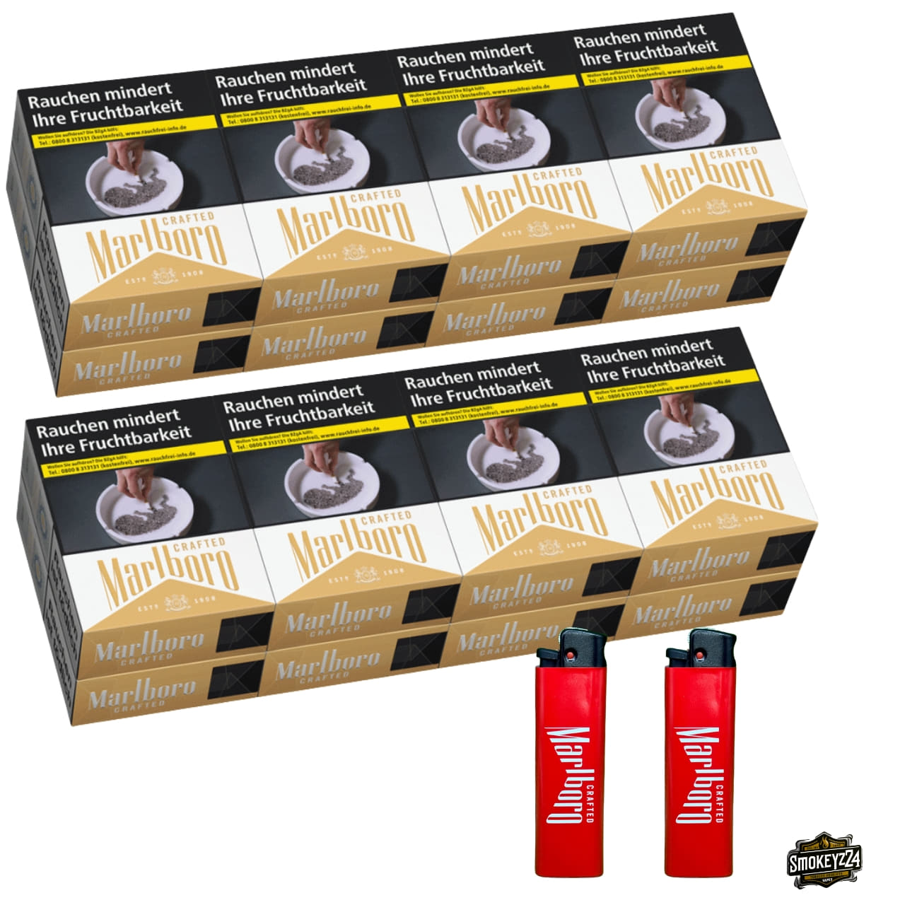 Marlboro Crafted Gold Bundle mit 2 Stangen Zigaretten und 2 roten Feuerzeugen
