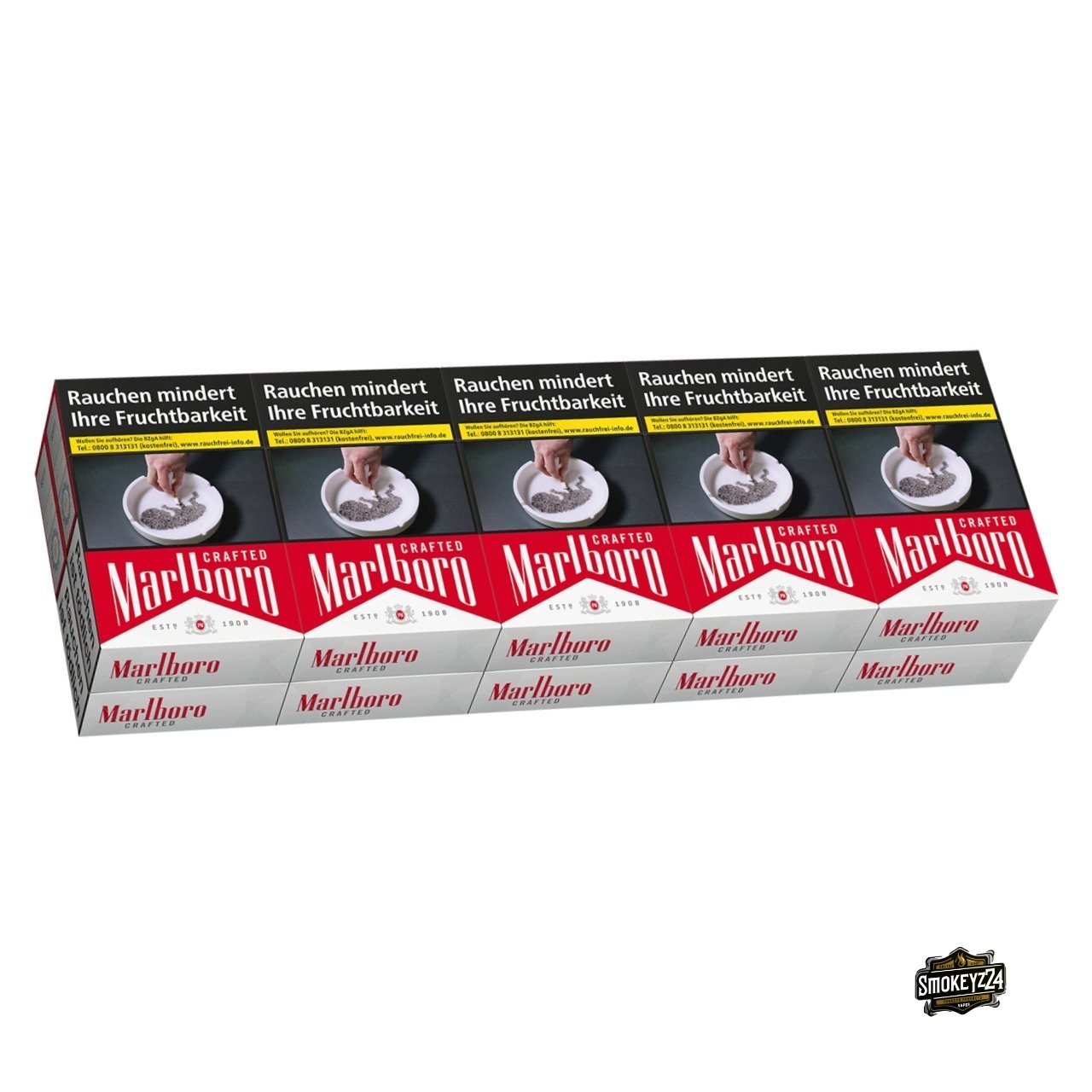 Marlboro Red Crafted Zigaretten Stange 10x20 vor weißem Hintergrund