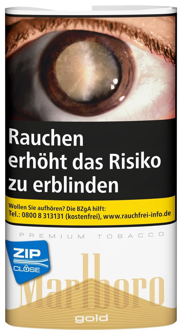 Marlboro Gold Drehtabak 30g Pouch – Frontalansicht der wiederverschließbaren Verpackung mit goldfarbenem Design